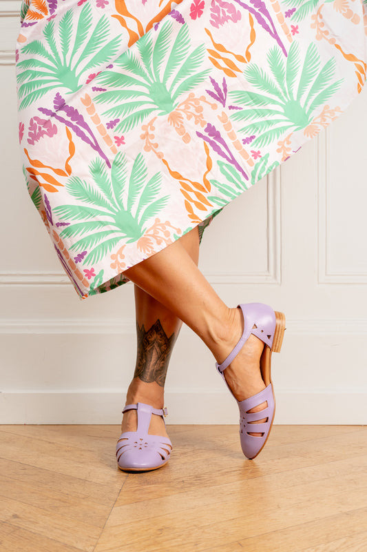 Carol, sandales plates de danse swing lilas en cuir