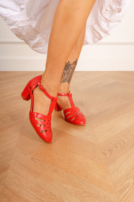 Holly Up, sandales de danse swing rouges en cuir à talon de 5 cm